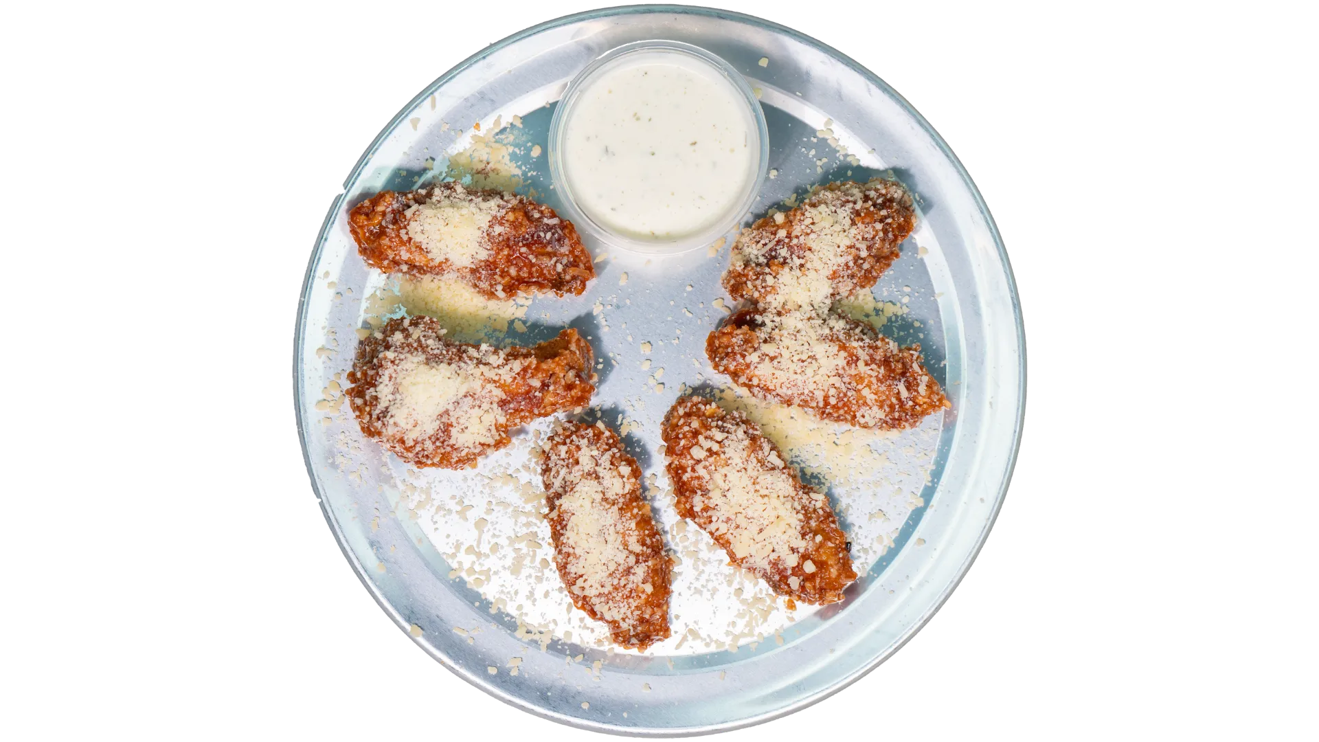 Barbecue Parmesan chicken wings topped with grated Parmesan cheese