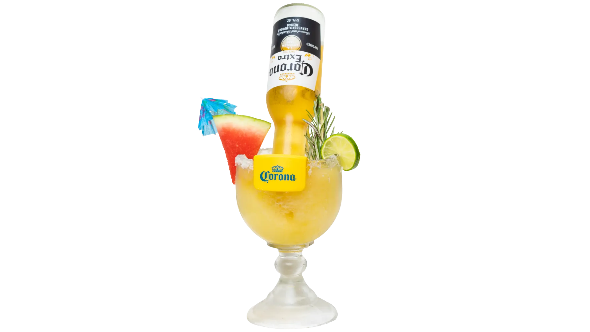 Beerrita margarita served with an upside-down beer bottle