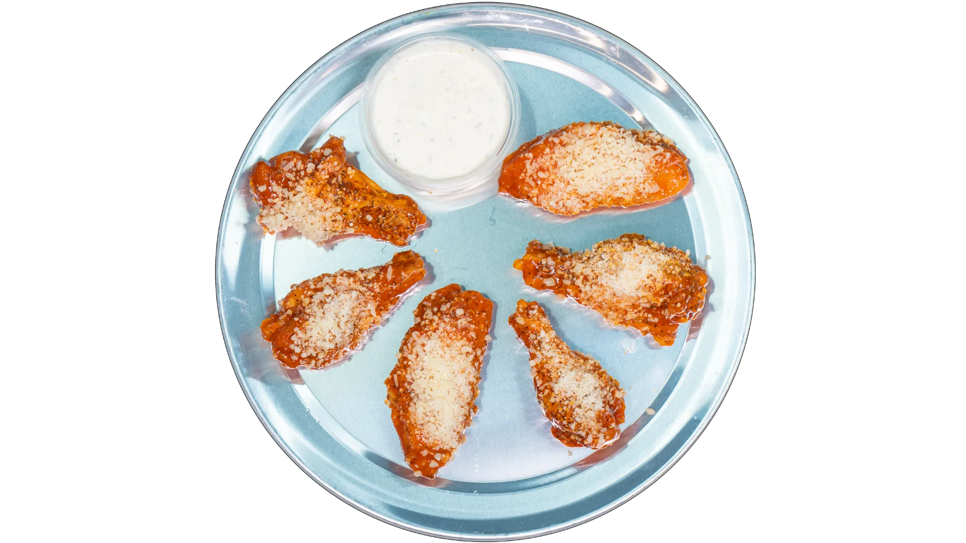 Buffalo hot Parmesan chicken wings with spicy sauce and Parmesan cheese