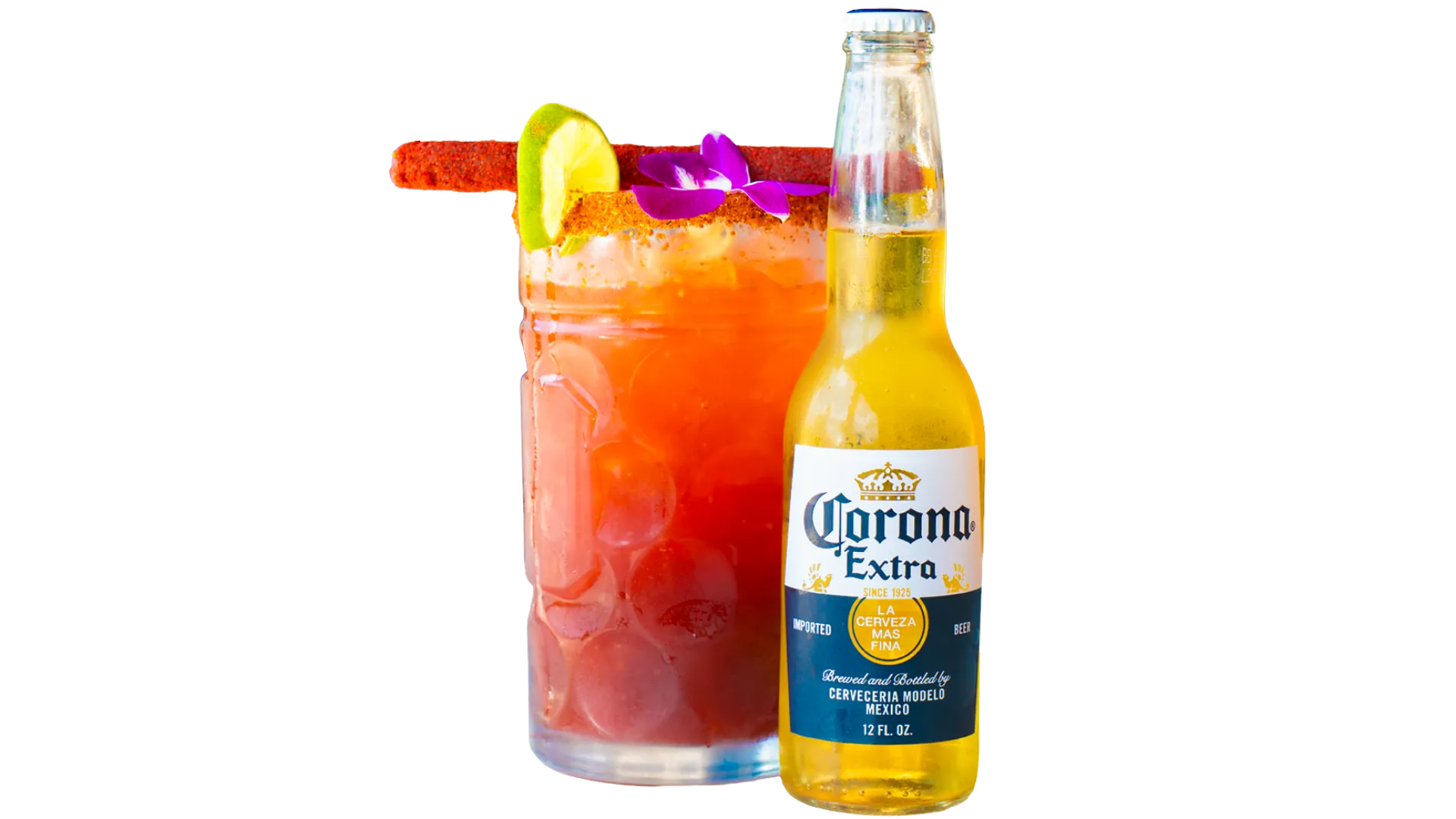 Michelada served in a Tajín-rimmed glass